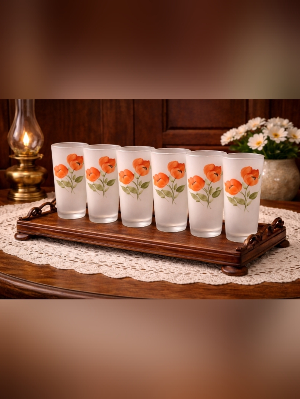 vintage frosted glass iced tea glasses orange poppy floral mid century set of 6